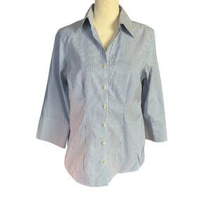 Lands' End pinpoint oxford blue and white stripe button down collared shirt 6